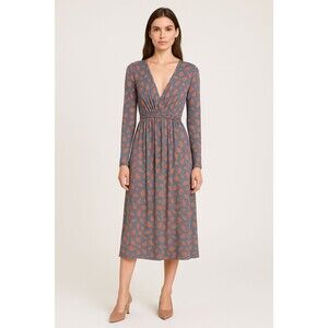 Rachel Palley Womens Large Blue Orange Leaves Pattern‎ Long Sleeve Plunge Dress